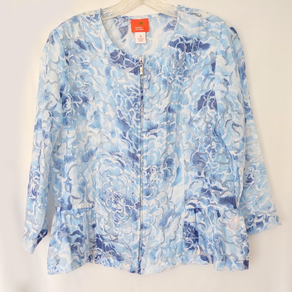 Hearts of Palm Burnout Zip Jacket Size 10 Blue White Lightweight Perfect Layer